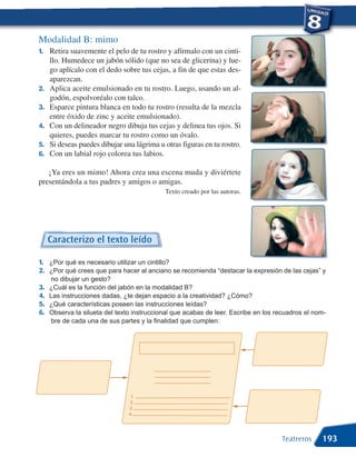 Modalidad B: mimo
1. Retira suavemente el pelo de tu rostro y afírmalo con un cinti-
     llo. Humedece un jabón sólido (que no sea de glicerina) y lue-
     go aplícalo con el dedo sobre tus cejas, a fin de que estas des-
     aparezcan.
2.   Aplica aceite emulsionado en tu rostro. Luego, usando un al-
     godón, espolvoréalo con talco.
3.   Esparce pintura blanca en todo tu rostro (resulta de la mezcla
     entre óxido de zinc y aceite emulsionado).
4.   Con un delineador negro dibuja tus cejas y delinea tus ojos. Si
     quieres, puedes marcar tu rostro como un óvalo.
5.   Si deseas puedes dibujar una lágrima u otras figuras en tu rostro.
6.   Con un labial rojo colorea tus labios.

   ¡Ya eres un mimo! Ahora crea una escena muda y diviértete
presentándola a tus padres y amigos o amigas.
                                            Texto creado por las autoras.




     Caracterizo el texto leído

1. ¿Por qué es necesario utilizar un cintillo?
2. ¿Por qué crees que para hacer al anciano se recomienda “destacar la expresión de las cejas” y
     no dibujar un gesto?
3.   ¿Cuál es la función del jabón en la modalidad B?
4.   Las instrucciones dadas, ¿te dejan espacio a la creatividad? ¿Cómo?
5.   ¿Qué características poseen las instrucciones leídas?
6.   Observa la silueta del texto instruccional que acabas de leer. Escribe en los recuadros el nom-
     bre de cada una de sus partes y la finalidad que cumplen:




                                 1
                                2
                                3
                                4




                                                                                    Teatreros     193
 