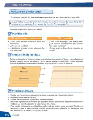 Textos no literarios

      Produzco mis propios textos

      Te invitamos a escribir las instrucciones para caracterizar a un personaje de la obra leída.

         ¿Qué pasos crees tú que debe seguir un niño o niña de tu edad para ca-
         racterizar al personaje del Mozo de la obra “La revancha”?
      Sigue las etapas de la producción textual:

  A. Planificación
        De la situación comunicativa                                    Del contenido
  •   ¿Para quién estarán destinadas estas ins-         •   ¿Cómo luce el personaje?, ¿qué aspecto tiene?
      trucciones?                                       •   ¿Qué acciones son necesarias para caracte-
  •   ¿Por qué las escribiré?                               rizar a este personaje?
  •   ¿Qué tipo de lenguaje es más adecuado, for-       •   ¿En qué orden se deben llevar a cabo las ac-
      mal o informal?                                       ciones?

  B. Producción de las ideas
      Escribe en tu cuaderno Instrucciones para caracterizar al personaje del Mozo y luego elabora una
      lluvia de ideas en torno a las palabras y acciones que asocias con este título. Luego, agrúpalas
      de acuerdo a la estructura para instrucciones en un organizador como el siguiente:

                     Título                                                         ?
                   Materiales
                                                                                    ?
                  Instrucciones

                                                                                    ?


  C. Primera escritura
  •   Escribe tus instrucciones, respetando la silueta propuesta para desarrollar el texto.
  •   Detalla los materiales requeridos.
  •   Escribe las instrucciones organizadas secuencialmente.
  •   Recuerda especificar la manera en que se deben realizar las acciones, empleando expresiones
      modales que permitan describir al lector lo que debe hacer.
  •   Para escribir en tu cuaderno, utiliza lápiz grafito, solo así podrás borrar y corregir. Si utilizas el
      computador, relee tu texto buscando posibles errores de tipeo u ortografía. No olvides que pue-
      des ayudarte por el corrector ortográfico de Word.

196     Unidad 8
 