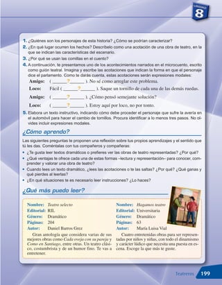 1. ¿Quiénes son los personajes de esta historia? ¿Cómo se podrían caracterizar?
2. ¿En qué lugar ocurren los hechos? Descríbelo como una acotación de una obra de teatro, en la
   que se indican las características del escenario.
3. ¿Por qué se usan las comillas en el cuento?
4. A continuación, te presentamos uno de los acontecimientos narrados en el microcuento, escrito
   como guión teatral. Imagina y escribe las acotaciones que indican la forma en que el personaje
   dice el parlamento. Como te darás cuenta, estas acotaciones serán expresiones modales:
     Amigo:     ( ______?______ ). No sé como arreglar este problema.
     Loco:      Fácil ( ______?______ ). Saque un tornillo de cada una de las demás ruedas.
     Amigo:     ( ______?______ ). ¿Cómo pensó semejante solución?
     Loco:      ( ______?______ ). Estoy aquí por loco, no por tonto.
5. Elabora un texto instructivo, indicando cómo debe proceder el personaje que sufre la avería en
   el automóvil para hacer el cambio de tornillos. Procura identificar a lo menos tres pasos. No ol-
   vides incluir expresiones modales.

¿Cómo aprendo?
Las siguientes preguntas te proponen una reflexión sobre tus propios aprendizajes y el sentido que
tú les das. Coméntalas con tus compañeros y compañeras:
G   ¿Te gusta leer textos dramáticos o prefieres ver las obras de teatro representadas? ¿Por qué?
    ¿Qué ventajas te ofrece cada una de estas formas –lectura y representación– para conocer, com-
    prender y valorar una obra de teatro?
G




    Cuando lees un texto dramático, ¿lees las acotaciones o te las saltas? ¿Por qué? ¿Qué ganas y
    qué pierdes al leerlas?
G



G   ¿En qué situaciones te es necesario leer instrucciones? ¿Lo haces?

¿Qué más puedo leer?

    Nombre: Teatro selecto                            Nombre: Hagamos teatro
    Editorial: RIL                                    Editorial: Universitaria
    Género: Dramático                                 Género: Dramático
    Páginas: 204                                      Páginas: 63
    Autor:      Daniel Barros Grez                    Autor:       María Luisa Vial
       Gran antología que considera varias de sus        Cuatro entretenidas obras para ser represen-
    mejores obras como Cada oveja con su pareja y     tadas por niños y niñas, con todo el dinamismo
    Como en Santiago, entre otras. Un teatro clási-   y carácter lúdico que necesita una puesta en es-
    co, costumbrista y de un humor fino. Te vas a     cena. Escoge la que más te guste.
    entretener.



                                                                           Ser junto aTeatreros
                                                                                       los otros         199
 