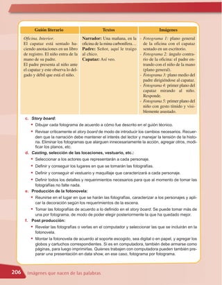 Guión literario                        Textos                           Imágenes
      Oficina. Interior.                  Narrador: Una mañana, en la - Fotograma 1: plano general
      El capataz está sentado ha-         oficina de la mina carbonífera…   de la oficina con el capataz
      ciendo anotaciones en un libro      Padre: Señor, aquí le traigo      sentado en un escritorio.
      de registro. El niño entra de la    al chico.                       - Fotograma 2: ángulo contra-
      mano de su padre.                   Capataz: Así veo.                 rio de la oficina: el padre en-
      El padre presenta al niño ante                                        trando con el niño de la mano
      el capataz y este observa lo del-                                     (plano general).
      gado y débil que está el niño.                                      - Fotograma 3: plano medio del
                                                                            padre dirigiéndose al capataz.
                                                                          - Fotograma 4: primer plano del
                                                                            capataz mirando al niño.
                                                                            Responde.
                                                                          - Fotograma 5: primer plano del
                                                                            niño con gesto tímido y visi-
                                                                            blemente asustado.
      c. Story board:
          • Dibujar cada fotograma de acuerdo a cómo fue descrito en el guión técnico.
          • Revisar críticamente el story board de modo de introducir los cambios necesarios. Recuer-
          den que la narración debe mantener el interés del lector y manejar la tensión de la histo-
          ria. Eliminar los fotogramas que alarguen innecesariamente la acción, agregar otros, modi-
          ficar los planos, etc.
      d. Casting, selección de las locaciones, vestuario, etc.:
          •   Seleccionar a los actores que representarán a cada personaje.
          •   Definir y conseguir los lugares en que se tomarán las fotografías.
          •   Definir y conseguir el vestuario y maquillaje que caracterizará a cada personaje.
          •Definir todos los detalles y requerimientos necesarios para que al momento de tomar las
           fotografías no falte nada.
      e. Producción de la fotonovela:
          • Reunirse en el lugar en que se harán las fotografías, caracterizar a los personajes y apli-
              car la decoración según los requerimientos de la escena.
          • Tomar las fotografías de acuerdo a lo definido en el story board. Se puede tomar más de
          una por fotograma, de modo de poder elegir posteriormente la que ha quedado mejor.
      f. Post producción:
          • Revelar las fotografías o verlas en el computador y seleccionar las que se incluirán en la
              fotonovela.
          • Montar la fotonovela de acuerdo al soporte escogido, sea digital o en papel, y agregar los
              globos y cartuchos correspondientes. Si es en computadora, también debe armarse como
              páginas, para luego imprimirlas. Quienes trabajen con computadora pueden también pre-
              parar una presentación en data show, en ese caso, fotograma por fotograma.



206     Imágenes que nacen de las palabras
 