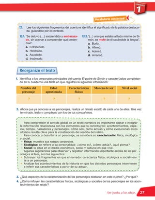 Vocabulario contextual

  12.   Lee los siguientes fragmentos del cuento e identifica el significado de la palabra destaca-
        da, guiándote por el contexto.
  12.1. “Se detuvo (…) sorprendido y embaraza-         12.2. “(...) uno que estaba al lado mismo de Si-
        do, sin acertar a comprender qué preten-           món, se mofó de él sacándole la lengua”.
        dían”.                                             a. Burló.
        a. Entretenido.                                    b. Afirmó.
        b. Hinchado.                                       c. Admiró.
        c. Asustado.                                       d. Arrancó.
        d. Incómodo.


  Reorganizo el texto
1. Identifica a los personajes principales del cuento El padre de Simón y caracterízalos completan-
  do en tu cuaderno una tabla en que registres la siguiente información:

   Nombre del             Edad            Características       Manera de ser           Nivel social
    personaje          aproximada            físicas

         ?                   ?                     ?                    ?                    ?

2. Ahora que ya conoces a los personajes, realiza un retrato escrito de cada uno de ellos. Una vez
   terminado, léelo y compáralo con los de tus compañeros.


       Para comprender el sentido global de un texto narrativo es importante captar e integrar
   la información relacionada con los elementos que lo constituyen: acontecimientos, espa-
   cio, tiempo, narradores y personajes. Cómo son, cómo actúan y cómo evolucionan estos

       Para conocer y describir a un personaje, se considera su caracterización física, sicológica
   últimos resulta clave para la construcción del sentido del relato.


    – Física: muestra sus rasgos corporales.
   y social.

    – Sicológica: se refiere a su personalidad: ¿cómo es?, ¿cómo actúa?, ¿qué piensa?
    – Social: lo sitúa en el medio económico, social y cultural en que vive.
       Algunas sugerencias para observar y registrar información importante acerca de los per-
   sonajes al leer, son las siguientes:
    G Subrayar los fragmentos en que el narrador caracteriza física, sicológica o socialmen-

       te a un personaje.
    G Analizar los acontecimientos de la historia en que los distintos personajes intervienen

       e inferir sus características a partir de su actuar.


3. ¿Qué aspectos de la caracterización de los personajes destacan en este cuento? ¿Por qué?
4. ¿Cómo influyen las características físicas, sicológicas y sociales de los personajes en los acon-
   tecimientos del relato?

                                                                            Ser junto a los otros         27
 