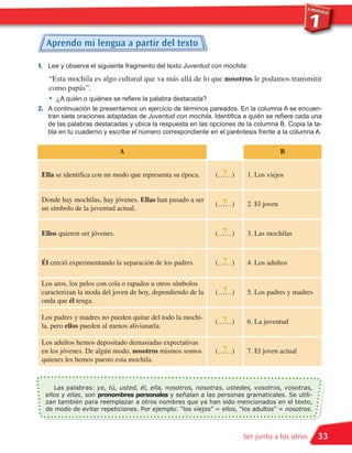 Aprendo mi lengua a partir del texto

1. Lee y observa el siguiente fragmento del texto Juventud con mochila:
   “Esta mochila es algo cultural que va más allá de lo que nosotros le podamos transmitir

   •
   como papás”.
       ¿A quién o quiénes se refiere la palabra destacada?
2. A continuación te presentamos un ejercicio de términos pareados. En la columna A se encuen-
   tran siete oraciones adaptadas de Juventud con mochila. Identifica a quién se refiere cada una
   de las palabras destacadas y ubica la respuesta en las opciones de la columna B. Copia la ta-
   bla en tu cuaderno y escribe el número correspondiente en el paréntesis frente a la columna A.


                              A                                                      B


 Ella se identifica con un modo que representa su época.       ?
                                                             (……)      1. Los viejos


 Donde hay mochilas, hay jóvenes. Ellas han pasado a ser       ?
                                                             (……)      2. El joven
 un símbolo de la juventud actual.


 Ellos quieren ser jóvenes.                                    ?
                                                             (……)      3. Las mochilas



 Él creció experimentando la separación de los padres.         ?
                                                             (……)      4. Los adultos

 Los aros, los pelos con cola o rapados u otros símbolos
 caracterizan la moda del joven de hoy, dependiendo de la      ?
                                                             (……)      5. Los padres y madres
 onda que él tenga.

 Los padres y madres no pueden quitar del todo la mochi-       ?
                                                             (……)      6. La juventud
 la, pero ellos pueden al menos alivianarla.

 Los adultos hemos depositado demasiadas expectativas
 en los jóvenes. De algún modo, nosotros mismos somos          ?
                                                             (……)      7. El joven actual
 quienes les hemos puesto esta mochila.



  ellos y ellas, son pronombres personales y señalan a las personas gramaticales. Se utili-
     Las palabras: yo, tú, usted, él, ella, nosotros, nosotras, ustedes, vosotros, vosotras,

  zan también para reemplazar a otros nombres que ya han sido mencionados en el texto,
  de modo de evitar repeticiones. Por ejemplo: “los viejos” = ellos, “los adultos” = nosotros.



                                                                      Ser junto a los otros      33
 