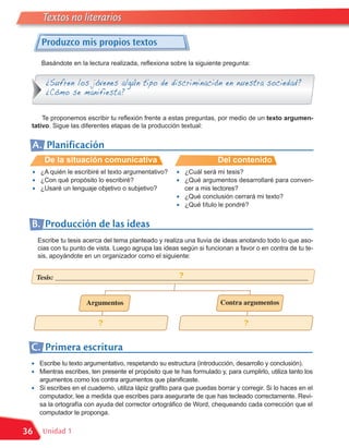 Textos no literarios

      Produzco mis propios textos

      Basándote en la lectura realizada, reflexiona sobre la siguiente pregunta:


        ¿Sufren los jóvenes algún tipo de discriminación en nuestra sociedad?
        ¿Cómo se manifiesta?

     Te proponemos escribir tu reflexión frente a estas preguntas, por medio de un texto argumen-
 tativo. Sigue las diferentes etapas de la producción textual:


 A. Planificación
       De la situación comunicativa                                     Del contenido
 •    ¿A quién le escribiré el texto argumentativo?      •   ¿Cuál será mi tesis?
 •    ¿Con qué propósito lo escribiré?                   •   ¿Qué argumentos desarrollaré para conven-
 •    ¿Usaré un lenguaje objetivo o subjetivo?               cer a mis lectores?
                                                         •   ¿Qué conclusión cerrará mi texto?
                                                         •   ¿Qué título le pondré?


 B. Producción de las ideas
     Escribe tu tesis acerca del tema planteado y realiza una lluvia de ideas anotando todo lo que aso-
     cias con tu punto de vista. Luego agrupa las ideas según si funcionan a favor o en contra de tu te-
     sis, apoyándote en un organizador como el siguiente:


                                               ?
     Tesis: ________________________________________________________________________


                       Argumentos                                        Contra argumentos

                            ?                                                     ?


 C. Primera escritura
 •    Escribe tu texto argumentativo, respetando su estructura (introducción, desarrollo y conclusión).
 •    Mientras escribes, ten presente el propósito que te has formulado y, para cumplirlo, utiliza tanto los
      argumentos como los contra argumentos que planificaste.
 •    Si escribes en el cuaderno, utiliza lápiz grafito para que puedas borrar y corregir. Si lo haces en el
      computador, lee a medida que escribes para asegurarte de que has tecleado correctamente. Revi-
      sa la ortografía con ayuda del corrector ortográfico de Word, chequeando cada corrección que el
      computador te proponga.


36     Unidad 1
 