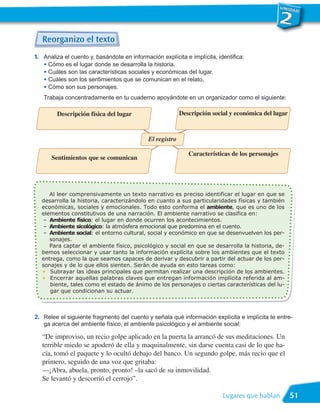 Reorganizo el texto
1. Analiza el cuento y, basándote en información explícita e implícita, identifica:
   • Cómo es el lugar donde se desarrolla la historia.
   • Cuáles son las características sociales y económicas del lugar.
   • Cuáles son los sentimientos que se comunican en el relato.
   • Cómo son sus personajes.
   Trabaja concentradamente en tu cuaderno apoyándote en un organizador como el siguiente:

        Descripción física del lugar                       Descripción social y económica del lugar



                                             El registro

                                                              Características de los personajes
      Sentimientos que se comunican




     Al leer comprensivamente un texto narrativo es preciso identificar el lugar en que se

  económicas, sociales y emocionales. Todo esto conforma el ambiente, que es uno de los
  desarrolla la historia, caracterizándolo en cuanto a sus particularidades físicas y también


   – Ambiente físico: el lugar en donde ocurren los acontecimientos.
  elementos constitutivos de una narración. El ambiente narrativo se clasifica en:

   – Ambiente sicológico: la atmósfera emocional que predomina en el cuento.
   – Ambiente social: el entorno cultural, social y económico en que se desenvuelven los per-
     sonajes.
     Para captar el ambiente físico, psicológico y social en que se desarrolla la historia, de-
  bemos seleccionar y usar tanto la información explícita sobre los ambientes que el texto
  entrega, como la que seamos capaces de derivar y descubrir a partir del actuar de los per-
  sonajes y de lo que ellos sienten. Serán de ayuda en esto tareas como:
  • Subrayar las ideas principales que permitan realizar una descripción de los ambientes.
  • Encerrar aquellas palabras claves que entregan información implícita referida al am-
     biente, tales como el estado de ánimo de los personajes o ciertas características del lu-
     gar que condicionan su actuar.



2. Relee el siguiente fragmento del cuento y señala qué información explícita e implícita te entre-
   ga acerca del ambiente físico, el ambiente psicológico y el ambiente social:

   “De improviso, un recio golpe aplicado en la puerta la arrancó de sus meditaciones. Un
   terrible miedo se apoderó de ella y maquinalmente, sin darse cuenta casi de lo que ha-
   cía, tomó el paquete y lo ocultó debajo del banco. Un segundo golpe, más recio que el
   primero, seguido de una voz que gritaba:
   —¡Abra, abuela, pronto, pronto! –la sacó de su inmovilidad.
   Se levantó y descorrió el cerrojo”.

                                                                           Lugares que hablan         51
 