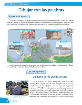 Textos no literarios

                    Dibujar con las palabras
     Preparo mi lectura
     En la sección anterior de esta unidad leíste un cuento que nos mostraba la ciudad de Lota del
 siglo XIX. Observa ahora una infografía turística de esta ciudad en la actualidad. ¿Qué informa-
 ción te aporta? Léela y escribe luego un párrafo acerca de los atractivos turísticos de Lota.


                           Parque de Lota                       Mina Chiflón del diablo




                                                                                          Playa blanca
          Fuerte viejo




    A continuación, te presentamos un texto que también se refiere a Lota en la actualidad. ¿Se pa-
 recerá a lo que mostraba el cuento de Baldomero Lillo?


                                 Leo y comprendo

                                            Un paseo por la ciudad de Lota
                                        Lota se localiza a 34 km de Concepción y tiene 50.123 ha-
                                     bitantes. Esta angosta ciudad, entre abruptos cerros, fue co-
                                     nocida por su puerto industrial y sus minas de carbón, que ce-
                                     rraron en 1997. Hoy se intenta reconvertirla en un centro de
                                     atracción turística, con hoteles, casas de huéspedes, casino,
                                     lugares de esparcimiento, piscinas y canchas de deportes.
                                     Conservando como base su trazado original, está siendo mo-
          Edificio de Enacar.        dernizada con la creación de un mercado, el traslado de su mu-

54   Unidad 2
 