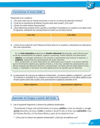 Caracterizo el texto leído

Responde en tu cuaderno:
1. ¿Por qué crees que se intenta reconvertir a Lota en un centro de atracción turística?
2. ¿Cuál es la importancia de Matías Cousiño para esta ciudad? ¿Por qué?
3. ¿Quién fue doña Isidora Goyenechea?
4. ¿Qué diferencias existían entre Lota Alto y Lota Bajo? Completa en tu cuaderno una tabla como
   la siguiente, señalando las características de cada uno de estos barrios.

                    Lota Alto                                           Lota Bajo

                        ?                                                   ?

5. ¿Cómo es la ciudad de Lota? Resume el texto leído en tu cuaderno, extrayendo sus descripcio-
   nes más importantes.


     En un texto descriptivo predomina la función referencial del lenguaje, pues informa acer-
  ca de las características de objetos, lugares o personas. Puede hacerse una descripción:
  – objetiva, sin entregar opiniones ni la emoción o sentimiento que produce lo descrito, o
  – subjetiva, destacando las apreciaciones de quien describe.
     Para comprender un texto descriptivo es importante que el lector o la lectora identifi-
  que la información objetiva que aporta el texto y, si las hay, también las apreciaciones sub-
  jetivas respecto del elemento descrito o caracterizado. De estas últimas podrá deducir otros
  rasgos y cualidades y formarse una idea global acerca de aquello que se describe.



6. La descripción de Lota que se realiza en el texto leído, ¿te parece objetiva o subjetiva?, ¿por qué?
   Te invitamos a completar en tu cuaderno una tabla como la siguiente con tres datos objetivos que
   el texto aporta sobre esta ciudad y tres apreciaciones subjetivas presentes en él.

                 Datos objetivos                                Apreciaciones subjetivas

                        ?                                                   ?


  Aprendo mi lengua a partir del texto

1. Lee el siguiente fragmento y observa las palabras destacadas:
   “Actualmente el lugar está transformado en un paseo público, existe un mirador y una pe-
   queña plazoleta con áreas verdes y jardines; desde lo alto se tiene una espléndida vista
   del Océano Pacífico, la Isla Santa María y parte de la ciudad de Lota”.
   •   ¿Para qué se utilizan las palabras destacadas? ¿Qué tipo de palabras son?


                                                                           Lugares que hablan        57
 