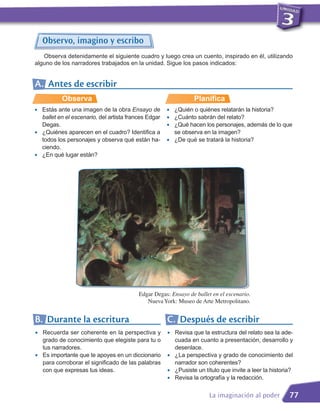 Observo, imagino y escribo
   Observa detenidamente el siguiente cuadro y luego crea un cuento, inspirado en él, utilizando
alguno de los narradores trabajados en la unidad. Sigue los pasos indicados:


A. Antes de escribir
            Observa                                                Planifica
•   Estás ante una imagen de la obra Ensayo de          •   ¿Quién o quiénes relatarán la historia?
    ballet en el escenario, del artista frances Edgar   •   ¿Cuánto sabrán del relato?
    Degas.                                              •   ¿Qué hacen los personajes, además de lo que
•   ¿Quiénes aparecen en el cuadro? Identifica a            se observa en la imagen?
    todos los personajes y observa qué están ha-        •   ¿De qué se tratará la historia?
    ciendo.
•   ¿En qué lugar están?




                                            Edgar Degas: Ensayo de ballet en el escenario.
                                               Nueva York: Museo de Arte Metropolitano.


B. Durante la escritura                                 C. Después de escribir
•   Recuerda ser coherente en la perspectiva y          •   Revisa que la estructura del relato sea la ade-
    grado de conocimiento que elegiste para tu o            cuada en cuanto a presentación, desarrollo y
    tus narradores.                                         desenlace.
•   Es importante que te apoyes en un diccionario       •   ¿La perspectiva y grado de conocimiento del
    para corroborar el significado de las palabras          narrador son coherentes?
    con que expresas tus ideas.                         •   ¿Pusiste un título que invite a leer la historia?
                                                        •   Revisa la ortografía y la redacción.


                                                                          La imaginación al poder          77
 