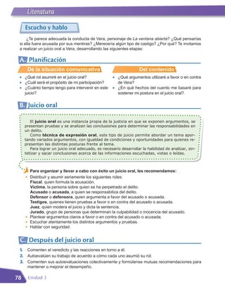 Literatura

     Escucho y hablo
     ¿Te parece adecuada la conducta de Vera, personaje de La ventana abierta? ¿Qué pensarías
 si ella fuera acusada por sus mentiras? ¿Merecería algún tipo de castigo? ¿Por qué? Te invitamos
 a realizar un juicio oral a Vera, desarrollando las siguientes etapas:

 A. Planificación
         De la situación comunicativa                               Del contenido
 •   ¿Qué rol asumiré en el juicio oral?             •   ¿Qué argumentos utilizaré a favor o en contra
 •   ¿Cuál será el propósito de mi participación?        de Vera?
 •   ¿Cuánto tiempo tengo para intervenir en este    •   ¿En qué hechos del cuento me basaré para
     juicio?                                             sostener mi postura en el juicio oral?


 B. Juicio oral

        El juicio oral es una instancia propia de la justicia en que se exponen argumentos, se
     presentan pruebas y se analizan las conclusiones para determinar las responsabilidades en
     un delito.
        Como técnica de expresión oral, este tipo de juicio permite abordar un tema apor-
     tando variados argumentos, con igualdad de condiciones y oportunidades para quienes re-
     presentan las distintas posturas frente al tema.
        Para lograr un juicio oral adecuado, es necesario desarrollar la habilidad de analizar, sin-
     tetizar y sacar conclusiones acerca de las informaciones escuchadas, vistas o leídas.



          Para organizar y llevar a cabo con éxito un juicio oral, les recomendamos:
          Distribuir y asumir seriamente los siguientes roles:
          Fiscal, quien formula la acusación.
     G




          Víctima, la persona sobre quien se ha perpetrado el delito.
          Acusado o acusada, a quien se responsabiliza del delito.
          Defensor o defensora, quien argumenta a favor del acusado o acusada.
          Testigos, quienes tienen pruebas a favor o en contra del acusado o acusada.
          Juez, quien modera el juicio y dicta la sentencia.
          Jurado, grupo de personas que determinan la culpabilidad o inocencia del acusado.
          Plantear argumentos claros a favor o en contra del acusado o acusada.
          Escuchar atentamente los distintos argumentos y pruebas.
     G




          Hablar con seguridad.
     G

     G




 C. Después del juicio oral
 1. Comenten el veredicto y las reacciones en torno a él.
 2. Autoevalúen su trabajo de acuerdo a cómo cada uno asumió su rol.
 3. Comenten sus autoevaluaciones colectivamente y formúlense mutuas recomendaciones para
         mantener o mejorar el desempeño.

78       Unidad 3
 