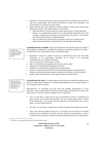 •    identificar, en términos generales, el tipo de evaluación que se requerirá para verificar el
                                    logro de los aprendizajes. Esto permitirá desarrollar una idea de las demandas y los
                                    requerimientos a considerar para cada unidad
                               •    sobre la base de esta visión, asignar los tiempos a destinar a cada unidad. Para que esta
                                    distribución resulte lo más realista posible, se recomienda:
                                    o    listar días del año y horas de clase por semana para estimar el tiempo disponible
                                    o    elaborar una calendarización tentativa de los Aprendizajes Esperados para el año
                                         completo, considerando los feriados, los días de prueba y de repaso, y la realización
                                         de evaluaciones formativas y retroalimentación5
                                    o    hacer una planificación gruesa de las actividades a partir de la calendarización
                                    o    ajustar permanentemente la calendarización o las actividades planificadas



                               La planificación de la unidad: implica tomar decisiones más precisas sobre qué enseñar y
                               cómo enseñar, considerando la necesidad de ajustarlas a los tiempos asignados a la unidad.
    Realizar este
    proceso sin perder         La planificación de la unidad debiera seguir los siguientes pasos:
    de vista la meta de
    aprendizaje de la
    unidad                     •    especificar la meta de la unidad. Al igual que la planificación anual, esta visión debe
                                    sustentarse     en   los   Aprendizajes   Esperados   de   la   unidad   y   se   recomienda
                                    complementarla con los Mapas de Progreso
                               •    crear una evaluación sumativa para la unidad
                               •    idear una herramienta de diagnóstico de comienzos de la unidad
                               •    calendarizar los Aprendizajes Esperados por semana
                               •    establecer las actividades de enseñanza que se desarrollarán
                               •    generar un sistema de seguimiento de los Aprendizajes Esperados, especificando los
                                    tiempos y las herramientas para realizar evaluaciones formativas y retroalimentación
                               •    ajustar el plan continuamente ante los requerimientos de los estudiantes




    Procurar que los           La planificación de clase: es imprescindible que cada clase sea diseñada considerando que
    estudiantes sepan          todas sus partes estén alineadas con los Aprendizajes Esperados que se busca promover y
    qué y por qué van a
    aprender, qué
                               con la evaluación que se utilizará.
    aprendieron y de
    qué manera
                               Adicionalmente, se recomienda que cada clase sea diseñada distinguiendo su inicio,
                               desarrollo y cierre y especificando claramente qué elementos se considerarán en cada una de
                               estas partes. Se requiere considerar aspectos como los siguientes:


                               •    inicio: en esta fase, se debe procurar que los estudiantes conozcan el propósito de la
                                    clase; es decir, qué se espera que aprendan. A la vez, se debe buscar captar el interés
                                    de los estudiantes y que visualicen cómo se relaciona lo que aprenderán con lo que ya
                                    saben y con las clases anteriores


                               •    desarrollo: en esta etapa, el docente lleva a cabo la actividad contemplada para la clase


                               •    cierre: este momento puede ser breve (5 a 10 minutos), pero es central. En él se debe
                                    procurar que los estudiantes se formen una visión acerca de qué aprendieron y cuál es
                                    la utilidad de las estrategias y experiencias desarrolladas para promover su aprendizaje.


5
    En el Anexo 2 se presenta un ejemplo de calendarización anual.

                                                MINISTERIO DE EDUCACIÓN                                                      15
                                           UNIDAD DE CURRÍCULUM Y EVALUACIÓN
                                                        JUNIO 2011
 