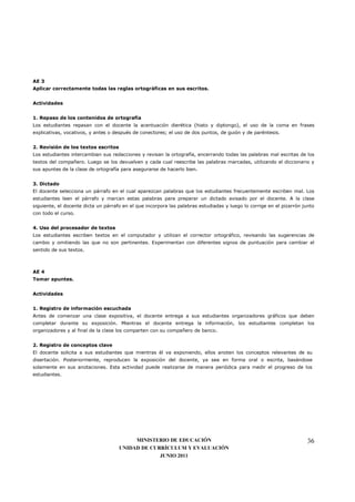 AE 3
Aplicar correctamente todas las reglas ortográficas en sus escritos.


Actividades


1. Repaso de los contenidos de ortografía
Los estudiantes repasan con el docente la acentuación dierética (hiato y diptongo), el uso de la coma en frases
explicativas, vocativos, y antes o después de conectores; el uso de dos puntos, de guión y de paréntesis.


2. Revisión de los textos escritos
Los estudiantes intercambian sus redacciones y revisan la ortografía, encerrando todas las palabras mal escritas de los
textos del compañero. Luego se los devuelven y cada cual reescribe las palabras marcadas, utilizando el diccionario y
sus apuntes de la clase de ortografía para asegurarse de hacerlo bien.


3. Dictado
El docente selecciona un párrafo en el cual aparezcan palabras que los estudiantes frecuentemente escriben mal. Los
estudiantes leen el párrafo y marcan estas palabras para preparar un dictado avisado por el docente. A la clase
siguiente, el docente dicta un párrafo en el que incorpora las palabras estudiadas y luego lo corrige en el pizarrón junto
con todo el curso.


4. Uso del procesador de textos
Los estudiantes escriben textos en el computador y utilizan el corrector ortográfico, revisando las sugerencias de
cambio y omitiendo las que no son pertinentes. Experimentan con diferentes signos de puntuación para cambiar el
sentido de sus textos.



AE 4
Tomar apuntes.


Actividades


1. Registro de información escuchada
Antes de comenzar una clase expositiva, el docente entrega a sus estudiantes organizadores gráficos que deben
completar durante su exposición. Mientras el docente entrega la información, los estudiantes completan los
organizadores y al final de la clase los comparten con su compañero de banco.


2. Registro de conceptos clave
El docente solicita a sus estudiantes que mientras él va exponiendo, ellos anoten los conceptos relevantes de su
disertación. Posteriormente, reproducen la exposición del docente, ya sea en forma oral o escrita, basándose
solamente en sus anotaciones. Esta actividad puede realizarse de manera periódica para medir el progreso de los
estudiantes.




                                          MINISTERIO DE EDUCACIÓN                                                      36
                                     UNIDAD DE CURRÍCULUM Y EVALUACIÓN
                                                  JUNIO 2011
 