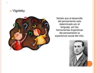 .
 Vigotsky
Señalo que el desarrollo
del pensamiento esta
determinado por el
lenguaje, por las
herramientas lingüísticas
del pensamiento la
experiencia social del niño.
 