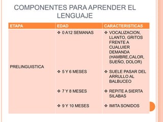 COMPONENTES PARA APRENDER EL
LENGUAJE
ETAPA EDAD CARACTERISTICAS
PRELINGUISTICA
 0 A12 SEMANAS
 5 Y 6 MESES
 7 Y 8 MESES
 9 Y 10 MESES
 VOCALIZACION,
LLANTO, GRITOS
FRENTE A
CUALUIER
DEMANDA
(HAMBRE,CALOR,
SUEÑO, DOLOR)
 SUELE PASAR DEL
ARRULLO AL
BALBUCEO
 REPITE A SIERTA
SILABAS
 IMITA SONIDOS
 