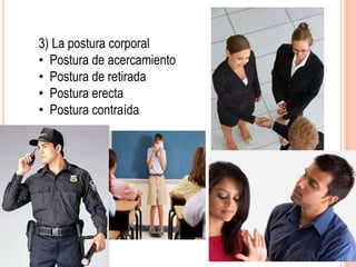3) La postura corporal
• Postura de acercamiento
• Postura de retirada
• Postura erecta
• Postura contraída
 