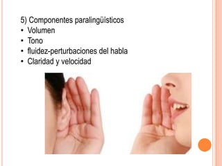 5) Componentes paralingüísticos
• Volumen
• Tono
• fluidez-perturbaciones del habla
• Claridad y velocidad
 