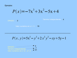 Ejemplos: GRADO: Término Independiente: Valor numérico en x = -1:   3 4 19 ----------------------------------------------------------------------------------------------------------------- GRADO: Término Independiente: Valor numérico en x =2  y= -2 4 -1 41 