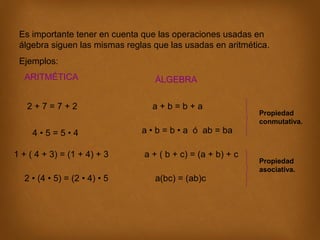 Es importante tener en cuenta que las operaciones usadas en
álgebra siguen las mismas reglas que las usadas en aritmética.
Ejemplos:
ARITMÉTICA

ÁLGEBRA

2+7=7+2

a+b=b+a

4•5=5•4
1 + ( 4 + 3) = (1 + 4) + 3
2 • (4 • 5) = (2 • 4) • 5

a • b = b • a ó ab = ba
a + ( b + c) = (a + b) + c
a(bc) = (ab)c

Propiedad
conmutativa.

Propiedad
asociativa.

 