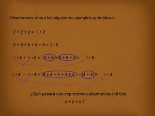 Observemos ahora los siguientes ejemplos aritméticos:
2+2+2= 3•2
9+9+9+9+9=5•9
2•6+ 3•6= 6+6+6+6+6=

5•6

5 • 4 – 2 • 4 = 4 + 4 + 4 + 4 + 4 – (4 + 4) =

3•4

¿Qué pasará con expresiones algebraicas del tipo
x+x+x?

 