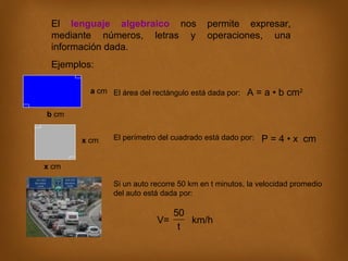 El lenguaje algebraico nos
mediante números, letras y
información dada.

permite expresar,
operaciones, una

Ejemplos:
a cm El área del rectángulo está dada por:

A = a • b cm2

b cm
x cm

El perímetro del cuadrado está dado por:

P = 4 • x cm

x cm
Si un auto recorre 50 km en t minutos, la velocidad promedio
del auto está dada por:

50
V=
km/h
t

 