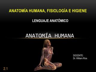 2.1
ANATOMÍA HUMANA, FISIOLOGÍA E HIGIENE
ANATOMÍA HUMANA
DOCENTE:
Dr. William Ríos
LENGUAJE ANATÓMICO
 