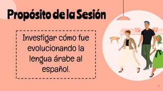 9
PropósitodelaSesión
Investigar cómo fue
evolucionando la
lengua árabe al
español.
 
