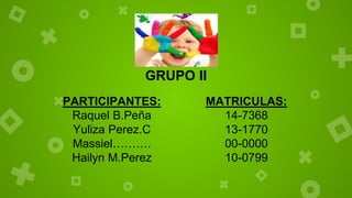 GRUPO II
PARTICIPANTES:
Raquel B.Peña
Yuliza Perez.C
Massiel……….
Hailyn M.Perez
MATRICULAS:
14-7368
13-1770
00-0000
10-0799
 