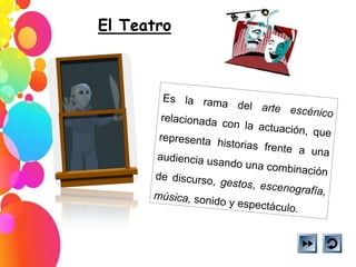 Es la rama del  arte escénico  relacionada con la actuación, que representa historias frente a una audiencia usando una combinación de discurso,  gestos ,  escenografía, música,  sonido y espectáculo .  