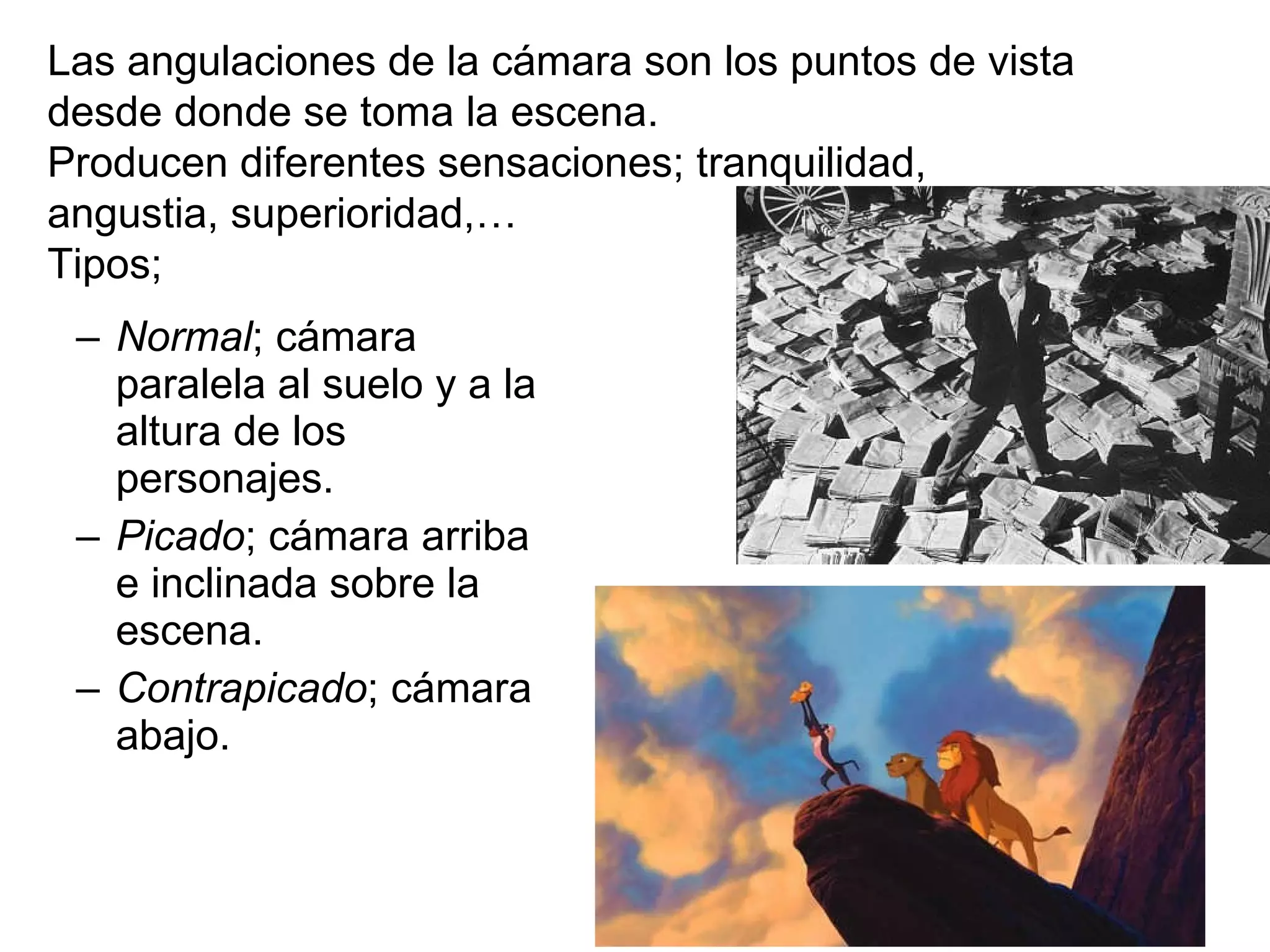 Normal ; cámara paralela al suelo y a la altura de los personajes. Picado ; cámara arriba e inclinada sobre la escena. Contrapicado ; cámara abajo. Las angulaciones de la cámara son los puntos de vista desde donde se toma la escena. Producen diferentes sensaciones; tranquilidad, angustia, superioridad,… Tipos;  