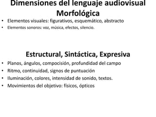 Dimensiones del lenguaje audiovisual
Morfológica
• Elementos visuales: figurativos, esquemático, abstracto
• Elementos sonoros: voz, música, efectos, silencio.
Estructural, Sintáctica, Expresiva
• Planos, ángulos, compocisión, profundidad del campo
• Ritmo, continuidad, signos de puntuación
• Iluminación, colores, intensidad de sonido, textos.
• Movimientos del objetivo: físicos, ópticos
 