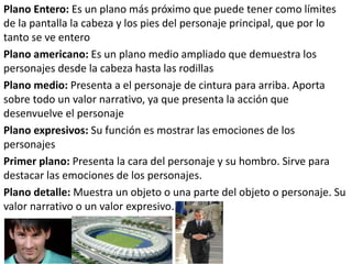 Plano Entero: Es un plano más próximo que puede tener como límites
de la pantalla la cabeza y los pies del personaje principal, que por lo
tanto se ve entero
Plano americano: Es un plano medio ampliado que demuestra los
personajes desde la cabeza hasta las rodillas
Plano medio: Presenta a el personaje de cintura para arriba. Aporta
sobre todo un valor narrativo, ya que presenta la acción que
desenvuelve el personaje
Plano expresivos: Su función es mostrar las emociones de los
personajes
Primer plano: Presenta la cara del personaje y su hombro. Sirve para
destacar las emociones de los personajes.
Plano detalle: Muestra un objeto o una parte del objeto o personaje. Su
valor narrativo o un valor expresivo.
 