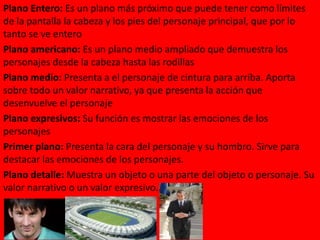 Plano Entero: Es un plano más próximo que puede tener como límites
de la pantalla la cabeza y los pies del personaje principal, que por lo
tanto se ve entero
Plano americano: Es un plano medio ampliado que demuestra los
personajes desde la cabeza hasta las rodillas
Plano medio: Presenta a el personaje de cintura para arriba. Aporta
sobre todo un valor narrativo, ya que presenta la acción que
desenvuelve el personaje
Plano expresivos: Su función es mostrar las emociones de los
personajes
Primer plano: Presenta la cara del personaje y su hombro. Sirve para
destacar las emociones de los personajes.
Plano detalle: Muestra un objeto o una parte del objeto o personaje. Su
valor narrativo o un valor expresivo.
 