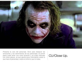 CU/Close Up.
Presenta la cara del personaje. Sirve para destacar las
emociones y los sentimientos de los personajes. El primer
plano suele tener una corta duración y se suele intercalar
con otros planos, ya que aporta poca información sobre lo
que hace el personaje y sobre el entorno que le rodea.
 