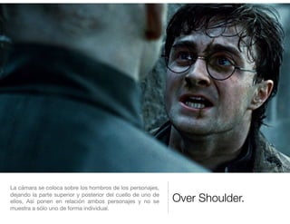 Over Shoulder.
La cámara se coloca sobre los hombros de los personajes,
dejando la parte superior y posterior del cuello de uno de
ellos, Así ponen en relación ambos personajes y no se
muestra a sólo uno de forma individual.
 