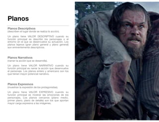 Planos
Planos Descriptivos  
(describen el lugar donde se realiza la acción). 

Un plano tiene VALOR DESCRIPTIVO cuando su
función principal es describir los personajes o el
entorno en el que se desenvuelve su actuación. Los
planos lejanos (gran plano general y plano general)
son eminentemente descriptivos. 

Planos Narrativos  
(narran la acción que se desarrolla). 

Un plano tiene VALOR NARRATIVO cuando su
función principal es narrar la acción que desenvuelve
el personaje. Los planos entero y americano son los
que tienen mayor potencial narrativo. 

Planos Expresivos  
(muestran la expresión de los protagonistas). 

Un plano tiene VALOR EXPRESIVO cuando su
función principal es mostrar las emociones de los
personajes. Los planos cercanos (plano medio,
primer plano, plano de detalle) son los que aportan
mayor carga expresiva a las imágenes.
 