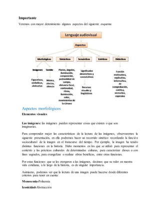 Importante
Veremos con mayor detenimiento algunos aspectos del siguiente esquema:
Aspectos morfológicos
Elementos visuales
Las imágenes: las imágenes pueden representar cosas que existen o que son
imaginarias.
Para comprender mejor las características de la lectura de las imágenes, observaremos la
siguiente presentación, en ella podremos hacer un recorrido sintético recordando la función
sociocultural de la imagen en el transcurso del tiempo. Por ejemplo, la imagen ha tenido
distintas funciones en la historia. Hubo momentos en los que se utilizó para representar el
contexto y las prácticas culturales de determinadas culturas, para caracterizar dioses o con
fines sagrados, para evangelizar o realizar obras benéficas, entre otras funciones.
Por estas funciones que se les otorgaron a las imágenes, decimos que su valor en nuestra
vida cotidiana, a lo largo de la historia, es de singular importancia.
Asimismo, podemos ver que la lectura de una imagen puede hacerse desde diferentes
criterios para tener en cuenta:
Monosemia-Polisemia
Iconicidad-Abstracción
 