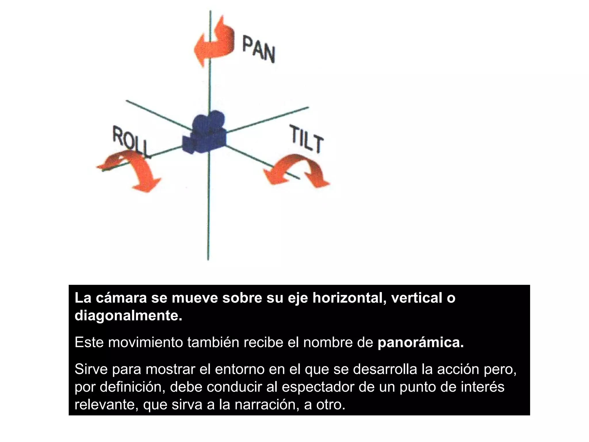 La cámara se mueve sobre su eje horizontal, vertical o
diagonalmente.
Este movimiento también recibe el nombre de panorámica.
Sirve para mostrar el entorno en el que se desarrolla la acción pero,
por definición, debe conducir al espectador de un punto de interés
relevante, que sirva a la narración, a otro.
 