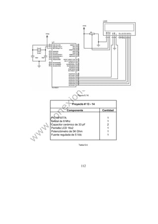 112
Figura 6.14.
Proyecto # 13 - 14
Componente Cantidad
PIC16F877A 1
Cristal de 8 Mhz 1
Capacitor cerámico de 33 pF 2
Pantalla LCD 16x2 1
Potenciómetro de 5K Ohm 1
Fuente regulada de 5 Vdc 1
Tabla 6.4.
 
