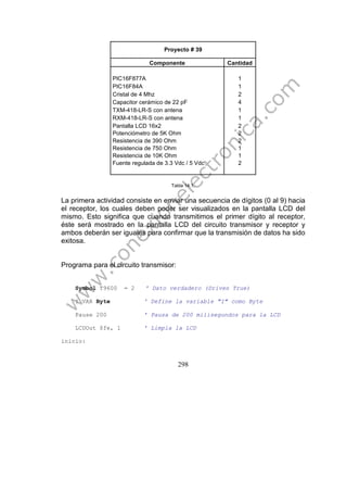 298
Proyecto # 39
Componente Cantidad
PIC16F877A 1
PIC16F84A 1
Cristal de 4 Mhz 2
Capacitor cerámico de 22 pF 4
TXM-418-LR-S con antena 1
RXM-418-LR-S con antena 1
Pantalla LCD 16x2 2
Potenciómetro de 5K Ohm 2
Resistencia de 390 Ohm 2
Resistencia de 750 Ohm 1
Resistencia de 10K Ohm 1
Fuente regulada de 3.3 Vdc / 5 Vdc 2
Tabla 14.1.
La primera actividad consiste en enviar una secuencia de dígitos (0 al 9) hacia
el receptor, los cuales deben poder ser visualizados en la pantalla LCD del
mismo. Esto significa que cuando transmitimos el primer dígito al receptor,
éste será mostrado en la pantalla LCD del circuito transmisor y receptor y
ambos deberán ser iguales para confirmar que la transmisión de datos ha sido
exitosa.
Programa para el circuito transmisor:
Symbol T9600 = 2 ' Dato verdadero (Driven True)
I VAR Byte ' Define la variable "I" como Byte
Pause 200 ' Pausa de 200 milisegundos para la LCD
LCDOut $fe, 1 ' Limpia la LCD
inicio:
 