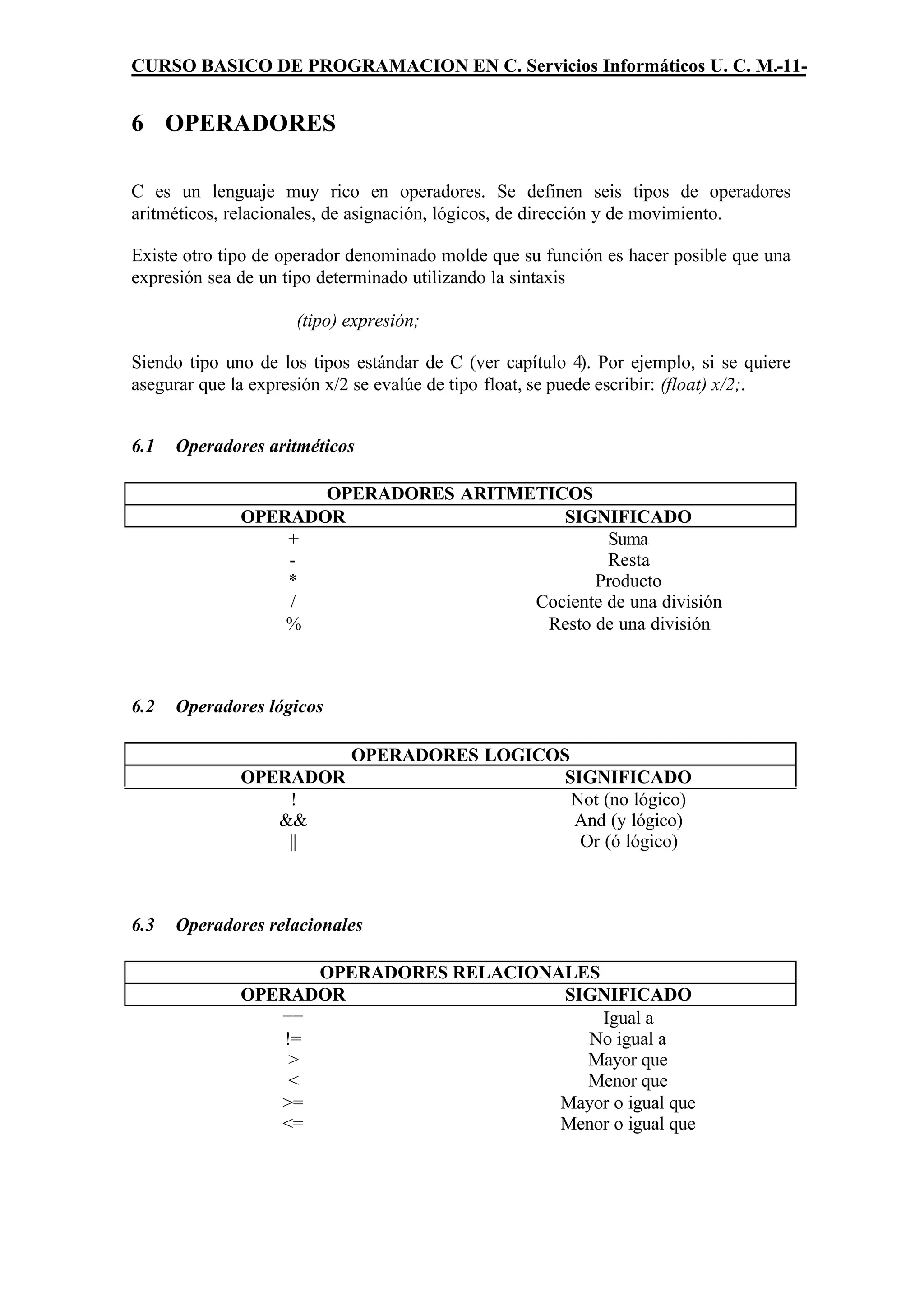 CURSO BASICO DE PROGRAMACION EN C. Servicios Informáticos U. C. M.-11-


6 OPERADORES

C es un lenguaje muy rico en operadores. Se definen seis tipos de operadores
aritméticos, relacionales, de asignación, lógicos, de dirección y de movimiento.

Existe otro tipo de operador denominado molde que su función es hacer posible que una
expresión sea de un tipo determinado utilizando la sintaxis

                     (tipo) expresión;

Siendo tipo uno de los tipos estándar de C (ver capítulo 4). Por ejemplo, si se quiere
asegurar que la expresión x/2 se evalúe de tipo float, se puede escribir: (float) x/2;.


6.1   Operadores aritméticos

                     OPERADORES ARITMETICOS
              OPERADOR                   SIGNIFICADO
                  +                            Suma
                  -                            Resta
                  *                          Producto
                  /                   Cociente de una división
                  %                    Resto de una división



6.2   Operadores lógicos

                       OPERADORES LOGICOS
              OPERADOR                   SIGNIFICADO
                  !                       Not (no lógico)
                 &&                       And (y lógico)
                  ||                       Or (ó lógico)



6.3   Operadores relacionales

                     OPERADORES RELACIONALES
              OPERADOR                   SIGNIFICADO
                 ==                          Igual a
                  !=                        No igual a
                   >                       Mayor que
                   <                       Menor que
                 >=                      Mayor o igual que
                 <=                      Menor o igual que
 
