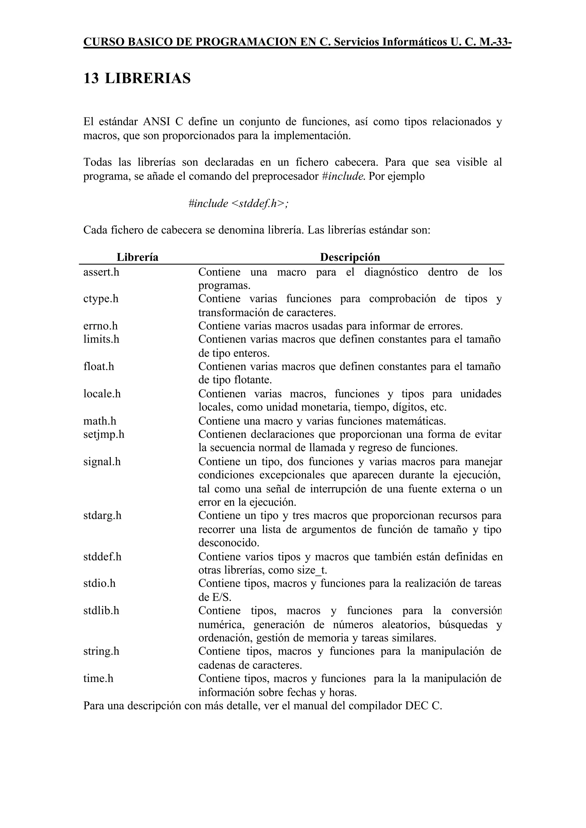 CURSO BASICO DE PROGRAMACION EN C. Servicios Informáticos U. C. M.-33-


13 LIBRERIAS

El estándar ANSI C define un conjunto de funciones, así como tipos relacionados y
macros, que son proporcionados para la implementación.

Todas las librerías son declaradas en un fichero cabecera. Para que sea visible al
programa, se añade el comando del preprocesador #include. Por ejemplo

                      #include <stddef.h>;

Cada fichero de cabecera se denomina librería. Las librerías estándar son:

        Librería                                  Descripción
assert.h               Contiene una macro para el diagnóstico dentro de los
                       programas.
ctype.h                Contiene varias funciones para comprobación de tipos y
                       transformación de caracteres.
errno.h                Contiene varias macros usadas para informar de errores.
limits.h               Contienen varias macros que definen constantes para el tamaño
                       de tipo enteros.
float.h                Contienen varias macros que definen constantes para el tamaño
                       de tipo flotante.
locale.h               Contienen varias macros, funciones y tipos para unidades
                       locales, como unidad monetaria, tiempo, dígitos, etc.
math.h                 Contiene una macro y varias funciones matemáticas.
setjmp.h               Contienen declaraciones que proporcionan una forma de evitar
                       la secuencia normal de llamada y regreso de funciones.
signal.h               Contiene un tipo, dos funciones y varias macros para manejar
                       condiciones excepcionales que aparecen durante la ejecución,
                       tal como una señal de interrupción de una fuente externa o un
                       error en la ejecución.
stdarg.h               Contiene un tipo y tres macros que proporcionan recursos para
                       recorrer una lista de argumentos de función de tamaño y tipo
                       desconocido.
stddef.h               Contiene varios tipos y macros que también están definidas en
                       otras librerías, como size_t.
stdio.h                Contiene tipos, macros y funciones para la realización de tareas
                       de E/S.
stdlib.h               Contiene tipos, macros y funciones para la conversión
                       numérica, generación de números aleatorios, búsquedas y
                       ordenación, gestión de memoria y tareas similares.
string.h               Contiene tipos, macros y funciones para la manipulación de
                       cadenas de caracteres.
time.h                 Contiene tipos, macros y funciones para la la manipulación de
                       información sobre fechas y horas.
Para una descripción con más detalle, ver el manual del compilador DEC C.
 