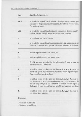 e,E,f 1a precisi6n especifica e1numero de digitos que tienen que
ser escritos despues del punto decimal. E1valor es redondeado.
Por defecto es 6.
g,G 1aprecisi6n especifica e1maximo numero de digitos signifi-
cativos (6 por defecto) que se tienen que escribir.
s 1aprecisi6n especifica e1maximo numero de caracteres a ser
escritos. Los caracteres que excedan este numero, se ignoran.
F y N son una amp1iaci6n de Microsoft C, por 10 que no
pertenecen a1 C estandar.
se utiliza como prefijo con 10stipos d, i, 0, x, y X, para es-
pecificar que e1argumento es short int, 0 con u para especi-
ficar un short unsigned into
se utiliza como prefijo con 10stipos d, i, 0, x, y X, para es-
pecificar que e1argumento es long int, 0 con u para especifi-
car un long unsigned intoTambien se utiliza con 10stipos e,
E, f, g, y G para especificar un double en 1ugar de un float.
se uti1iza como prefijo con 10stipos e, E, f, g, y G, para es-
pecificar long double.
# include <stdio.h>
# include <stdlib.h>
 