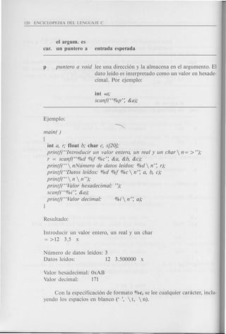el argum. es
car. un puntero a entrada esperada
p puntero a void lee una direcci6n y la almacena en el argumento. EI
dato leido es interpretado como un valor en hexade-
cimal. Por ejemplo:
int *a;
scanjt'%p': &a);
main( )
[
int a, r; float b; char c, s[20J;
printf("Introducir un valor entero, un real y un char  n = > ");
r = scanf("%d %j %c': &a, &b, &c);
printf("  nNumero de datos lefdos: %d  n': r);
printf("Datos lefdos: %d %j %c  n': a, b, c);
printf("  n  n");
printj("Valor hexadecimal: ");
scanf("%i': &a);
printf("Valor decimal: %i  n': a);
J
lntraducir un valor entera, un real y un char
= >12 3.5 x
Numera de datos leidos: 3
Datos leidos: 12 3.500000 x
Valor hexadecimal: OxAB
Valor decimal: 171
Con la especificaci6n de formato OJoc, se lee cualquier carclcter, inclu-
yendo los espacios en blanco (' "  t,  n).
 