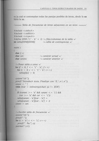 ~ cual se contemplan todas las parejas posibles de letras, desde la aa
hasta la zz.
#include <stdio.h>
#include <stdlib.h>
#include <etype.h >
#dejine DIM ('z' - ca'
int tabla[DIM][DIM];
+ 1) / *jilas/columnas de la tabla */
/ * tabla de eontingencias */
main( )
I
char f, e;
char car;
char earant;
/ * earaeter actual */
/ * earaeter anterior */
/ * Poner tabla a eeros */
for if = 0; j < = cz' - ca'; j+ +)
for (e = 0; e < = cz' - ca'; e+ +)
tablaU][e] = 0;
system ("cls ");
printf("Introdueir texto. Finalizar con A Z.  n  n ");
carant = c';
while ((car = tolower(getehar( ))) != EOF)
I
if ((earant > = ca' && earant < = Cz') &&
(car> = ca' && car < = Cz'))
tabla[earant - ca'j[ear - ca'j
tabla[earant - ca'j[ear - ca'j + 1;
carant = car;
/ * Escribir tabla de jreeuencias */
system("cls ");
printf(" ");
for (c = ca'; e < = cz'; e+ +)
printf(" %e': c);
putchar('  n ');
 
