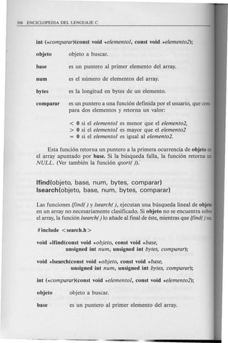 < 0 si el elemental es menor que el elemento2,
> 0 si el elemental es mayor que el elemento2
= 0 si el elemental es igual al elemento2.
es un puntero a una funci6n definida por el usuario, que com-
para dos elementos y retorna un valor:
Esta funci6n retorna un puntero a la primera ocurrencia de objeto en
el array apuntado por base. Si la busqueda falla, la funci6n retorna un
NULL. (Ver tambien la fund6n qsort( )."
Ifind(objeto, base, num, bytes, comparar)
Isearch(objeto, base, num, bytes, comparar)
Las funciones ljind( ) y lsearch( ), ejecutan una busqueda lineal de objeto
en un array no necesariamente clasificado. Si objeto no se encuentra sobre
el array, la funci6n lsearch() 10 afiade al final de este, mientras que ljind() no.
void *lfiild(const void *objeto, const void *base,
unsigned int num, unsigned int bytes, comparar);
void *Isearch(const void *objeto, const void *base,
unsigned int num, unsigned int bytes, comparar);
 