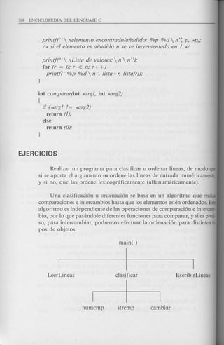 printj(H nelemento encontrado/afiadido: %p %d n': p, *p);
/ * si el elemento es afiadido n se ve incrementado en 1 */
printj(H  nLista de valores:  n  n ");
for (r = 0; r < n; r+ +)
printf(H%p %d  n': lista +r, lista[r));
int comparar(int *argl, int *arg2)
[
if (*argl /= *arg2)
return (1);
else
return (0);
Realizar un programa para clasificar u ordenar lineas, de modo que
si se aporta el argumento -n ordene las lineas de entrada numericamente;
y si no, que las ordene lexicognificamente (alfanumericamente).
Una clasificaci6n u ordenaci6n se bas a en un algoritmo que realiza
comparaciones e intercambios hasta que 10s elementos esten ordenados. Este
algoritmo es independiente de las operaciones de comparaci6n e intercam·
bio, por 10 que pasandole diferentes funciones para comparar, y si es preci·
so, para intercambiar, podremos efectuar la ordenaci6n para distintos ti·
pos de objetos.
main( )
I
 