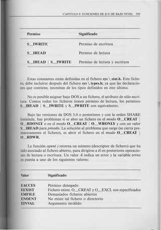 Estas constantes estan definidas en el fichero sys  stat.h. Este fiche-
ra, debe incluirse despues del fichero sys  types.h; ya que las declaracio-
nes que conti ene, necesitan de los tipos definidos en este ultimo.
No es posible asignar bajo DOS a un fichero, el atributo de s610escri-
tura. Comos todos los ficheros tienen permiso de lectura, los permisos
S_IREAD I S_IWRITE y S_IWRITE son equivalentes.
Bajo las versiones de DOS 3.0 0 posteriores y con la orden SHARE
instalada, hay problemas si se abre un fichero en el modo O_CREAT I
O-l{DONLY 0 en el modo O_CREAT I 0_WRONLY y con un valor
S_IREAD para pmodo. La soluci6n al problema que surge (se cierra pre-
maturamente el fichero), es abrir el fichero en el modo O_CREAT I
O-l{DWR.
La funci6n open ( ) retorna un numero (descriptor de fichero) que ha
sido asociado al fichero abierto, para dirigirse a el en posteriores operacio-
nes de lectura 0 escritura. Un valor -1 indica un error y la variable errno
es puesta a uno de los siguientes valores:
EACCES
EEXIST
EMFILE
ENOENT
EINVAL
Permiso denegado
Fichero existe. O_CREAT y O~XCL son especificados
Demasiados ficheros abiertos
No existe tal fichero 0 directorio
Argumento invalido
 