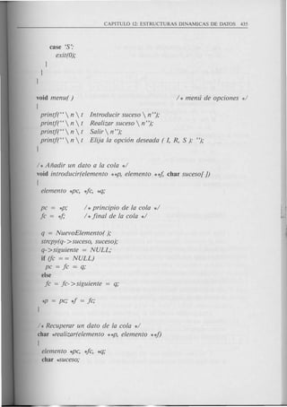 case '5':
exit(O);
)
)
)
void menu{ ) / * menu de opciones */
(
printj(CC n  t Introducir suceso  n ");
printj(CC n  t Realizar suceso  n");
printj(CC n  t 5alir  n");
printf(cc  n  t Elija la opcion deseada ( 1,R, 5): ");
)
/ * Afiadir un dato a la cola */
void introducir(elemento **P, elemento **f, char suceso[ })
(
elemento *pc, 4c, *q;
pc = *P;
fe = *f,"
/ *principio de la cola */
/ *final de la cola */
q = NuevoElemento( );
strcpy(q- >suceso, suceso);
q->siguiente = NULL;
if (fc = = NULL)
pc = fc = q;
else
fc = fc- >siguiente q;
/ * Recuperar un dato de la cola */
char *realizar(elemento **P, elemento **f)
{
elemento *pc, 4c, *q;
char ~uceso;
 