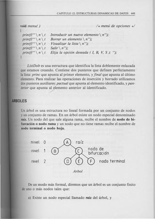 void menu( )
I
printj("  n  t
printj("  n  t
printf("  n  t
printj("  n  t
printj("  n  t
J
Introducir un nuevo elemento  n");
Borrar un elemento  n ");
VisuaUzar la Usta n ");
SaUr n ");
EUja la opcion deseada ( I, B, v, S): ");
ListDob es una estructura que identifica la lista doblemente enlazada
que estamos creando. Contiene dos punteros que definen perfectamente
la lista:prine que apunta al primer elemento, y final que apunta al ultimo
elemento. Para realizar las operaciones de inserci6n y borrado utilizamos
dospunteros auxiliares: paetual que apunta al elemento identificado, y pan-
teriar que apunta ~lemento anterior al identificado.
Un arbol es una estructura no lineal formada por un conjunto de nodos
y un conjunto de raffias. En un arbol existe un nodo especial denominado
raiz.Un nodo del' que sale alguna rama, recibe el nombre de nodo de bi-
furcacion 0 nodo rama y un nodo que no tiene ramas recibe el nombre de
Dodo terminal 0 nodo hoja.
nivel 0 ralz
nivel 1 nodo de
bifurcacidn
nivel 2 nodo terminal
Arbol
De un modo mas formal, diremos que un arbol es un conjunto finito
de uno 0 mas nodos tales que:
 