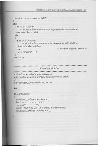 a->izdo a- >dcho NULL;
J
else
if (x < a- >clave)
/ * el valor buscado estd a la izquierda de este nodo */
buscar(x, &a->izdo);
else
{
if (x > a- >clave)
/ * el valor buscado estd a la derecha de este nodo */
buscar(x, &a->dcho);
else / * el valor buscado existe */
a->contador+ +;
/**************************************************************
Visualizar el drbol
**************************************************************/
/ * Visualizar el drbol a con margen n.
* Se emplea la forma inorden, para recorrer el drbol.
*/
void visualizar_arbol(nodo *a, iot n)
{
iot i;
if (!ArboIVacio)
(
visualizar_arbol(a- >izdo, n +1);
for (i = 1; i < = n; i + +)
printf(( ");
printf((%d(%d)  n': a- >clave, a- >contador);
visualizar_arbol( a- >dcho, n +1);
J
J
 