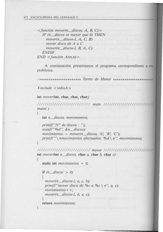 <funcion mover(n_discos, A, B, C) >
IF (n_discos es mayor que 0) THEN
mover(n_discos-l, A, C, B)
mover disco de A a C
mover(n_discos-l, B, A, C)
ENDIF
END <funcion A (m,n)>
A continuaci6n presentamos el program a correspondiente a este
problema.
I I I I I I I I I I I II I I I I I I I I I I I I I I I main I I I I I / I I I I I I II I I II I I I IIIIIII
main( )
{
printj(HN° de discos: ");
scanf(H%d': &n_discos);
movimientos = mover(n_discos, ~: 'B: 'C');
printf(H  nmovimientos efectuados: %d  n': movimientos);
I I I I I I I I I I I I I I I I I I I I I I I I I I I I mover I I I I I I I I I I I I I I I I I I I I I I I I I 11/
iot mover(iot n_discos, char a, char b, char c)
{
if (n_discos > 0)
{
mover(n_discos-l, a, c, b);
printj(Hmover disco·de %c a %c  n': a, c);
movimientos+ +;
mover(n_discos-l, b, a, c);
J
return movimientos;
 