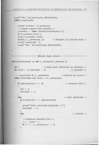 scanj("%u'~ &x.matricula); jjlush(stdin);
while (x.matricula)
(
printj("nombre: "); gets(nom);
/ * asignar espacio para nombre */
x.nombre = (char *)malloc(strlen(nom) +1);
if (!x.nombre) error( );
strcpy (x.nombre, nom);
hash(a, n_elementos, x); / * llamada a la junci6n hash */
printj("matrlcula: ");
scanf("%u'~ &x.matricula); jjlush(stdin);
void hash(elemento ~, int n_elementos, elemento x)
{
iot i; / * lndice para rejerenciar un elemento */
iot conta = 0, insertado = 0; / * contador */
i = x.matricula % n_elementos; / *junci6n de acceso */
while (linsertado && conta < n_elementos)
[
if (a[i].matricula = = 0)
(
a[i] = x;
insertado
)
else
it (x.matricula = = a[i].matricula)
(
printf("error: matrlcula duplicada  n");
insertado = 1;
)
else
{
/ * Siguiente elemento libre */
i+ +, conta+ +;
if (i = = n_elementos) i = 0;
 